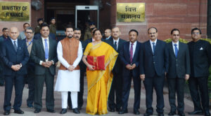 The Union Minister for Finance and Corporate Affairs, Smt. Nirmala Sitharaman departs from North Block to Rashtrapati Bhavan and Parliament House, along with the Minister of State for Finance and Corporate Affairs, Shri Anurag Singh Thakur and the senior officials to present the General Budget 2019-20, in New Delhi on February 01, 2020.